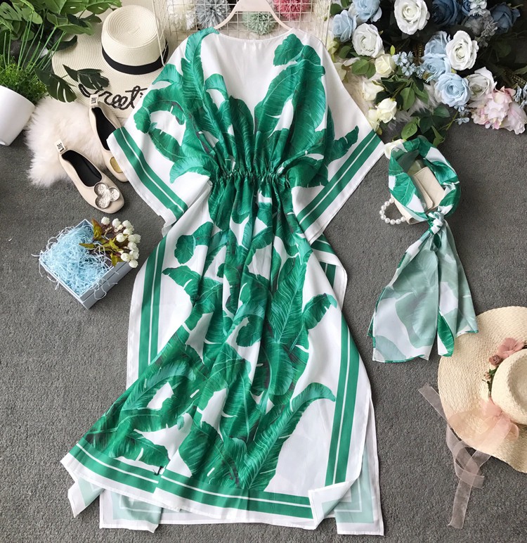 Váy matxi form thiết kế cánh dơi lạ mắt họa tiết nhiệt đới đi biển