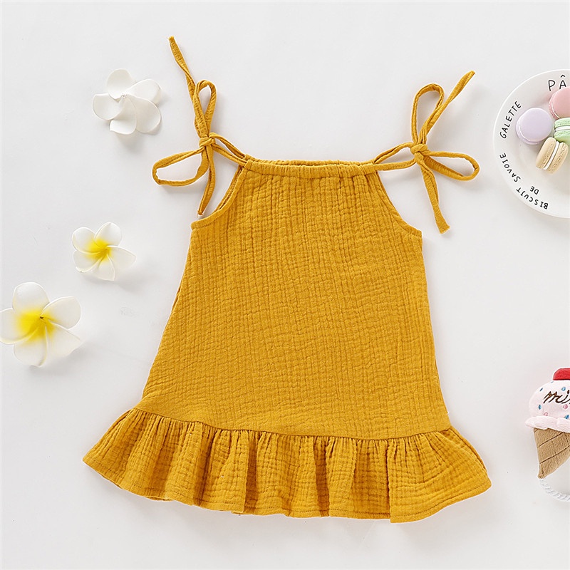 Đầm hai dây MIKRDOO bằng vải lanh cotton màu trơn dễ thương thời trang mùa hè cho bé gái 1-5 tuổi
