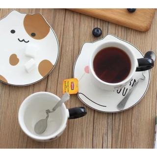 Cốc sứ cao cấp gồm thìa và đĩa hình mèo nhỏ xinh, dễ thương phù hợp văn phòng, quà tặng 250ml