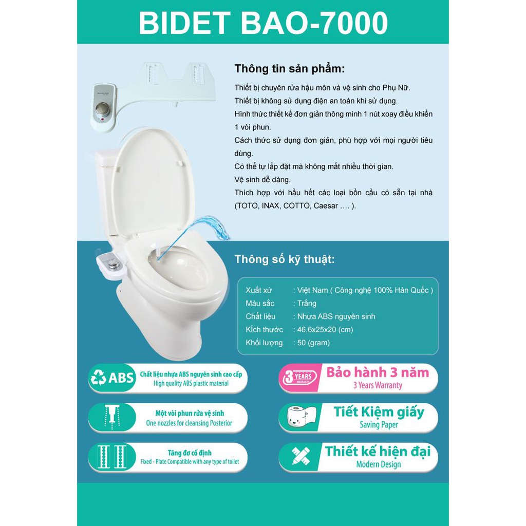 Thiết bị vệ sinh thông minh Bidet BAO-7000 tiết kiệm giấy, bảo vệ môi trường