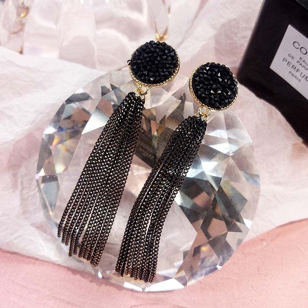 VANES1 Bông Tai Dáng Dài Mặt Hình Tròn Màu Đen Thời Trang Sang Trọng Cho Nữ