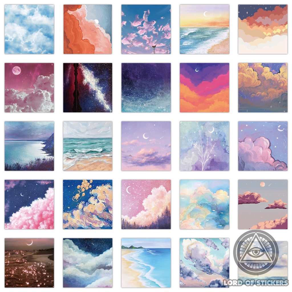 Set 50 Nhãn Dán Hình Phong Cảnh Cute Sticker Chống Thấm Nước Trang Trí Mũ Bảo Hiểm, Laptop, Miếng Dán Sổ Dễ Thương