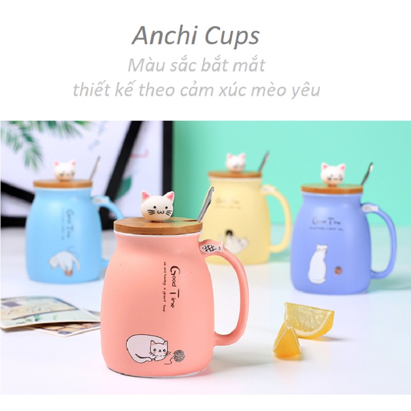 Ly sứ MÈO LƯỜI - HÌNH THẬT, cốc sứ hình mèo IN HÌNH THEO YÊU CẦU CÓ NẮP GỖ và THÌA, dung tích 420ml, HỘP QÙA