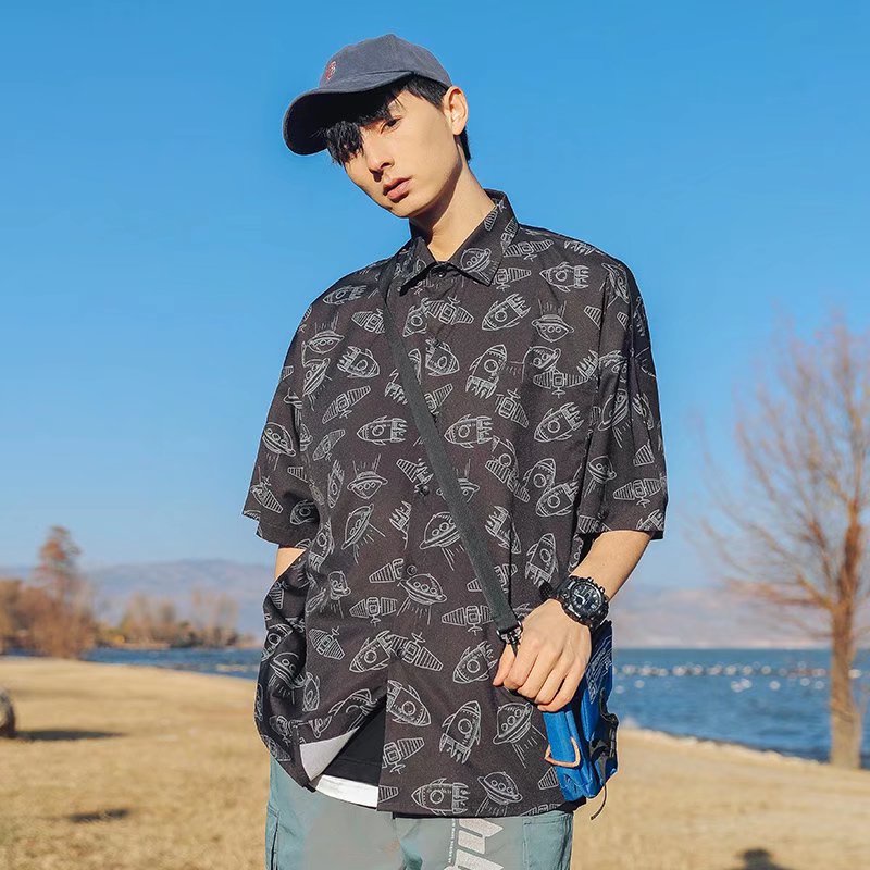 áo sơ mi nam unisex áo sơ mi cộc tay nam lụa trẻ tuổi áo form rộng tiếng Nhật áo đôi nam nữ thời trang retro áo khoác sơ mi nam