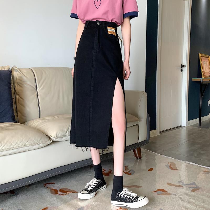 Chân váy Jean cạp cao xẻ tà 2021