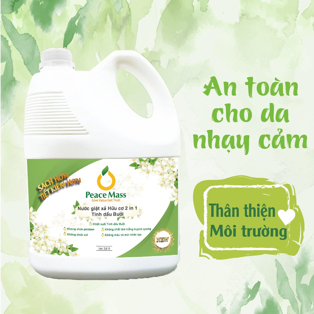 Nước Giặt Xả Hữu Cơ Peace Mass 2in1 [TINH DẦU HƯƠNG BƯỞI & KHÔNG CHỨA XÚT] Đánh Bay Vết Bẩn Cứng Đầu