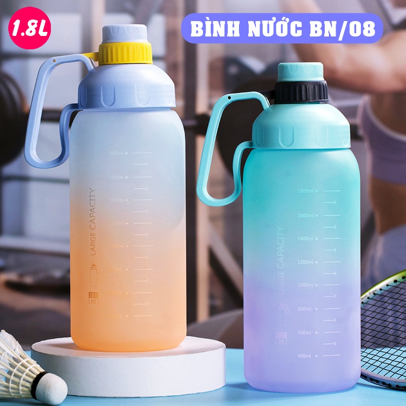 Bình Nước Tập Gym 1.8 Lít BN/07, Bình Đựng Nước Giữ Nhiệt Nóng Lạnh Có Vạch Báo Giờ Uống Nước Tập Thể Thao Đạp Xe Tennis