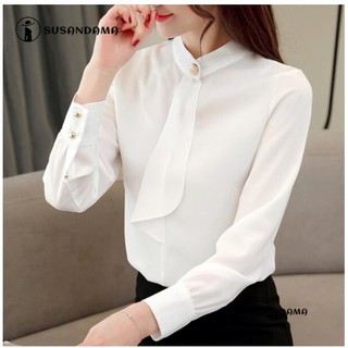 Áo sơ mi nữ vải chiffon dáng rộng màu trơn tay dài phong cách Hàn Quốc