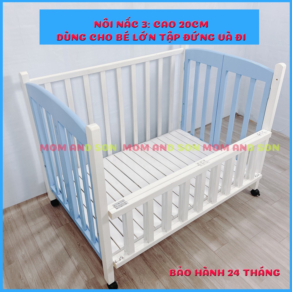 (Nhiều ComBo)Giường Cũi trẻ em (70x110x86 cm)-Gỗ Quế Tự Nhiên Xuất Khẩu Màu Trắng Xanh MOM AND SON - BH 24 Tháng
