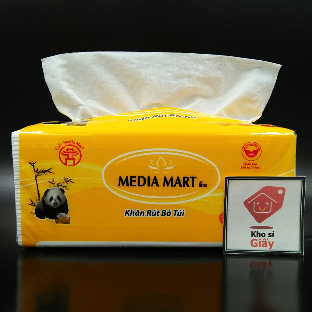 Khăn giấy rút Media Mart 300 tờ/3 lớp gấu trúc siêu dai mềm mịn - Giấy rút trắng loại 1 bịch lớn