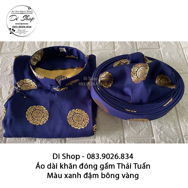 Áo dài khăn đóng truyền thống nam  vải gấm Thái Tuấn chính hãng - MÀU XANH ĐẬM BÔNG VÀNG