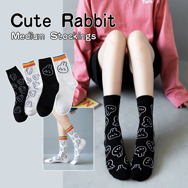 🍀READY STOCK, Japanese and Korean classic cartoon rabbit casual tube socks, Korean socks, cute white rabbit socks, all kinds of cotton women’s socks, college style socks