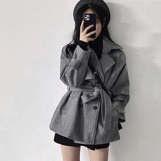 Áo khoác dạ tiêu xám kèm đai buộc nơ hàng đẹp✌️ảnh thật