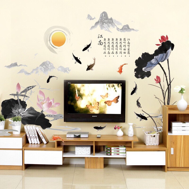 Decal dán tường Hoa sen và ánh trăng