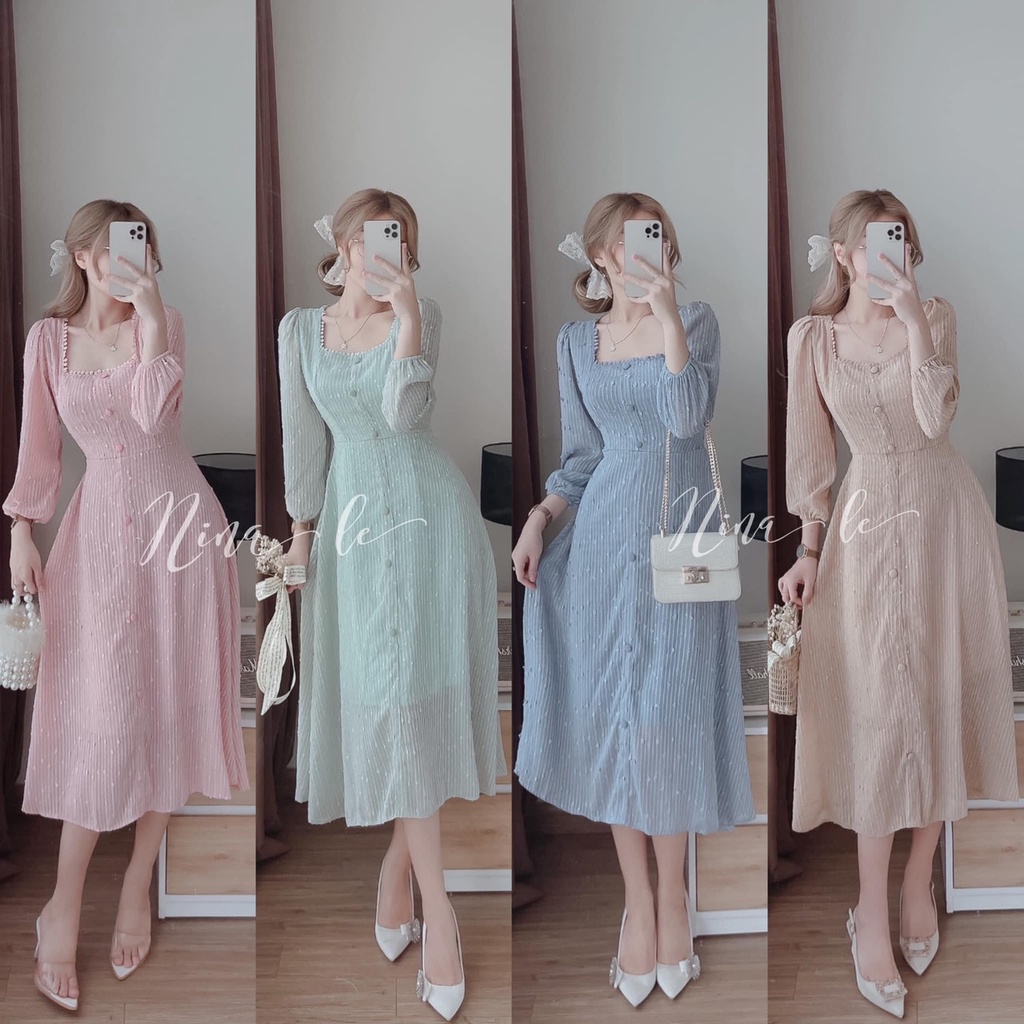 Đầm midi voan bi trắng cổ vuông Tanii TA220142