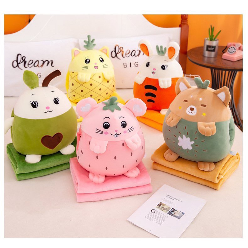 Chăn gối gấu bông, bộ chăn gối văn phòng đa năng hoa quả biểu cảm cute, chăn kèm gối tiện ích cho bé
