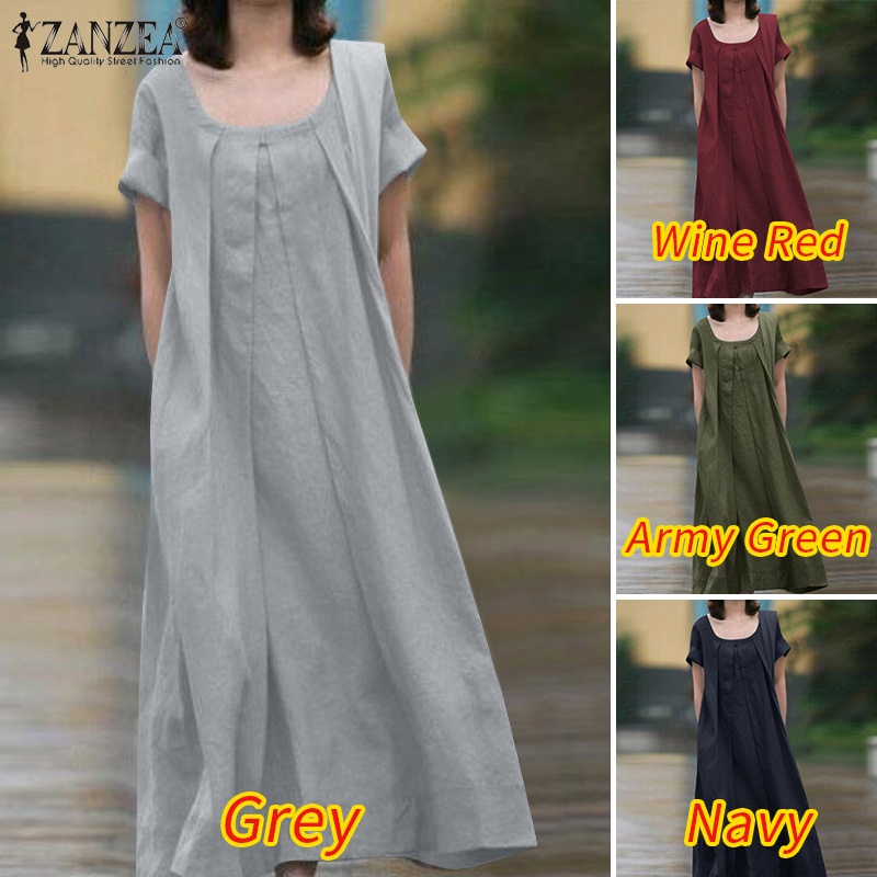 Đầm dài ZANZEA màu trơn cổ tròn xếp ly nhiều màu tùy chọn thời trang cho nữ