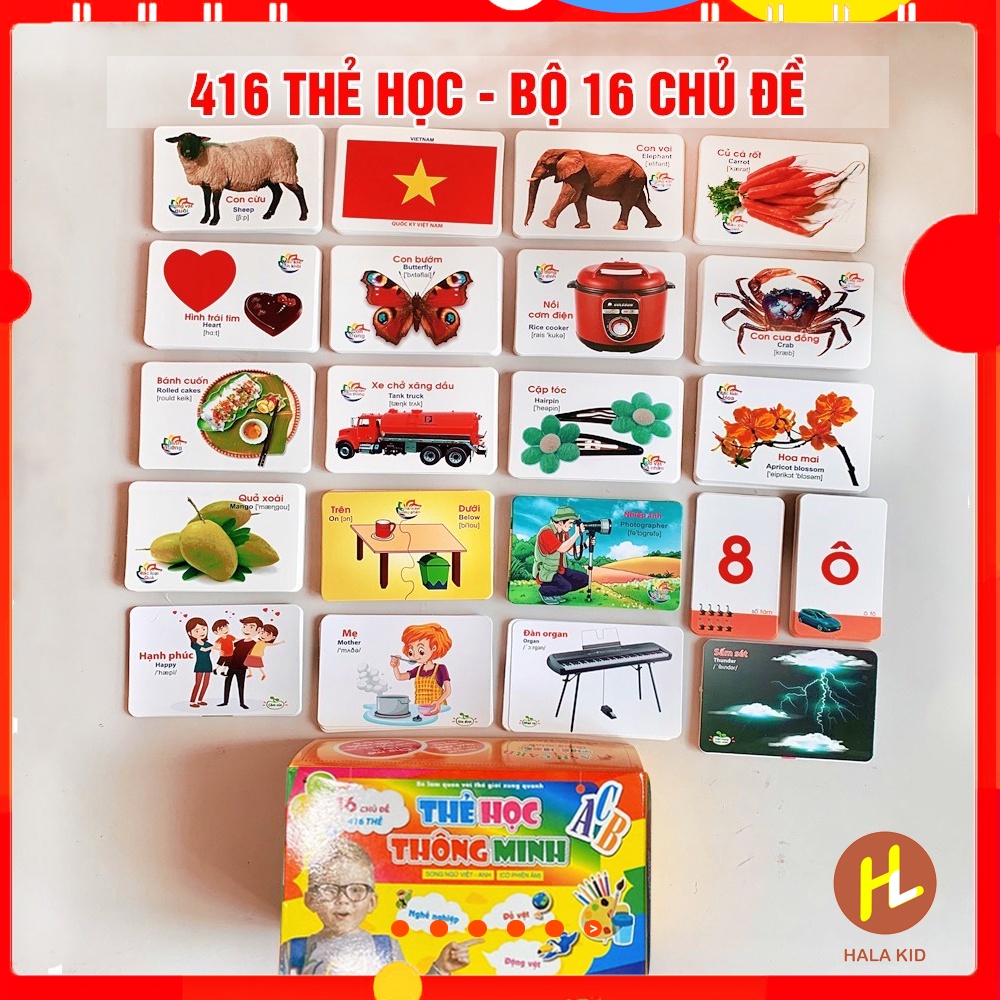 Bộ 416 THẺ HỌC gồm 16 chủ đề song ngữ Anh Việt dày dặn cho bé nhận biết hình ảnh - QATE0056