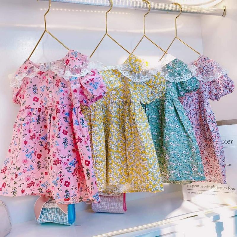 Váy Hoa Nhí Đính Ren Cho Bé Gái - Chất Thô Mềm, Mát.