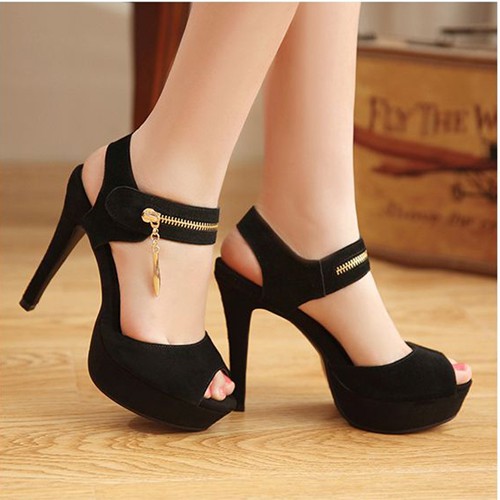 Giày cao gót đai phối khóa kéo đá trang trí	- CG92