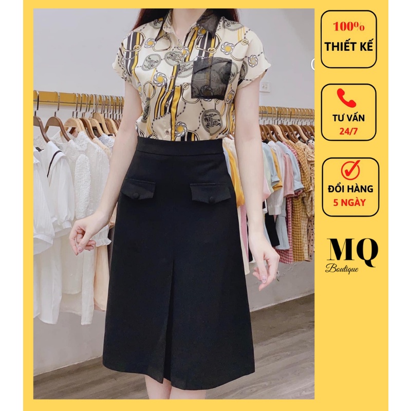 ▣✕Chân váy đầm dáng A công sở cao cấp thiết kế MQ Boutique dài qua gối 2 túi cúc bọc có đai