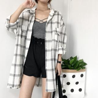 CCVN Áo khoác sơ mi caro dáng dài thời trang Hàn Quốc cho nữ