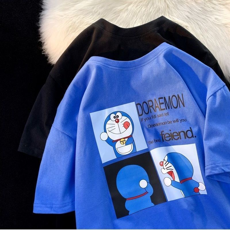 Áo Thun Cotton Ngắn Tay Dáng Rộng In Hoạt Hình Doraemon Cá Tính Cho Nam