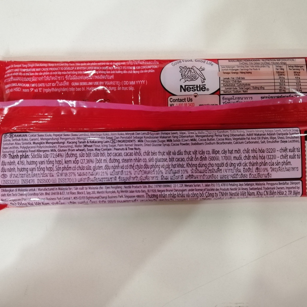 Sôcôla Nestlé KitKat 2F Thái Lan (Vỉ 6 thanh x 17g)