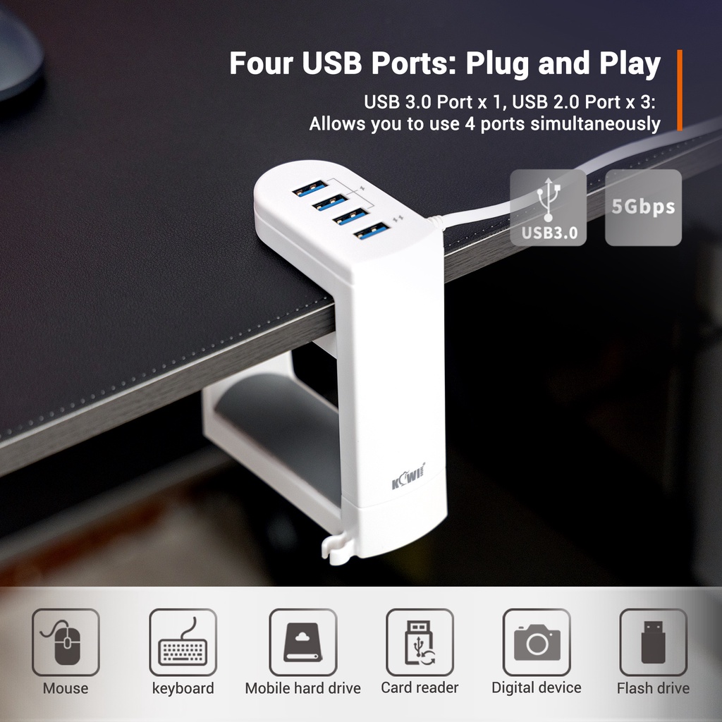 Kiwifotos Giá treo tai nghe với đế cắm USB 3.0 （Không phải để sạc, chỉ Đồng bộ hóa）, Móc xoay tai nghe chơi game có thể xoay 360 °, Giá đỡ để bàn cho tai nghe