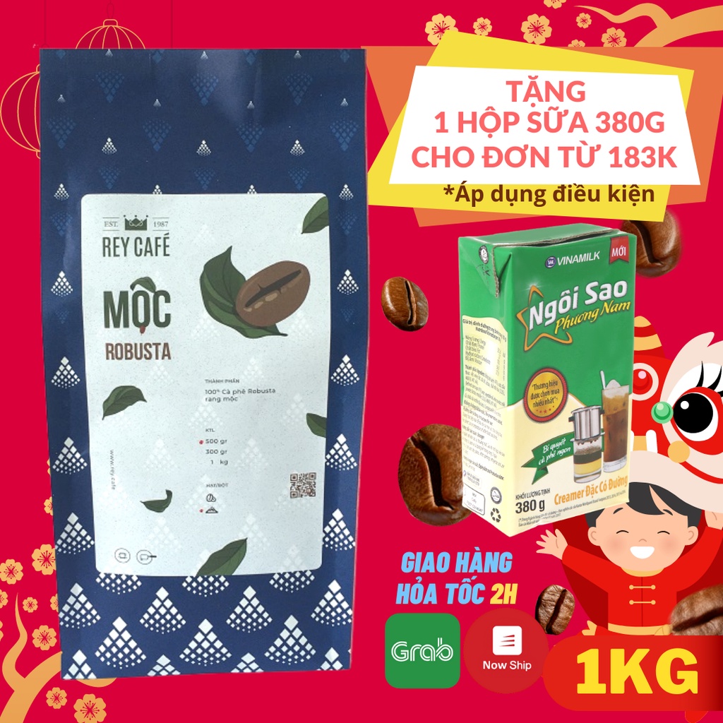 1KG Cà phê Mộc Robusta (1kg/gói) Coffee Nguyên chất rang mộc Thương hiệu Rey Cafe