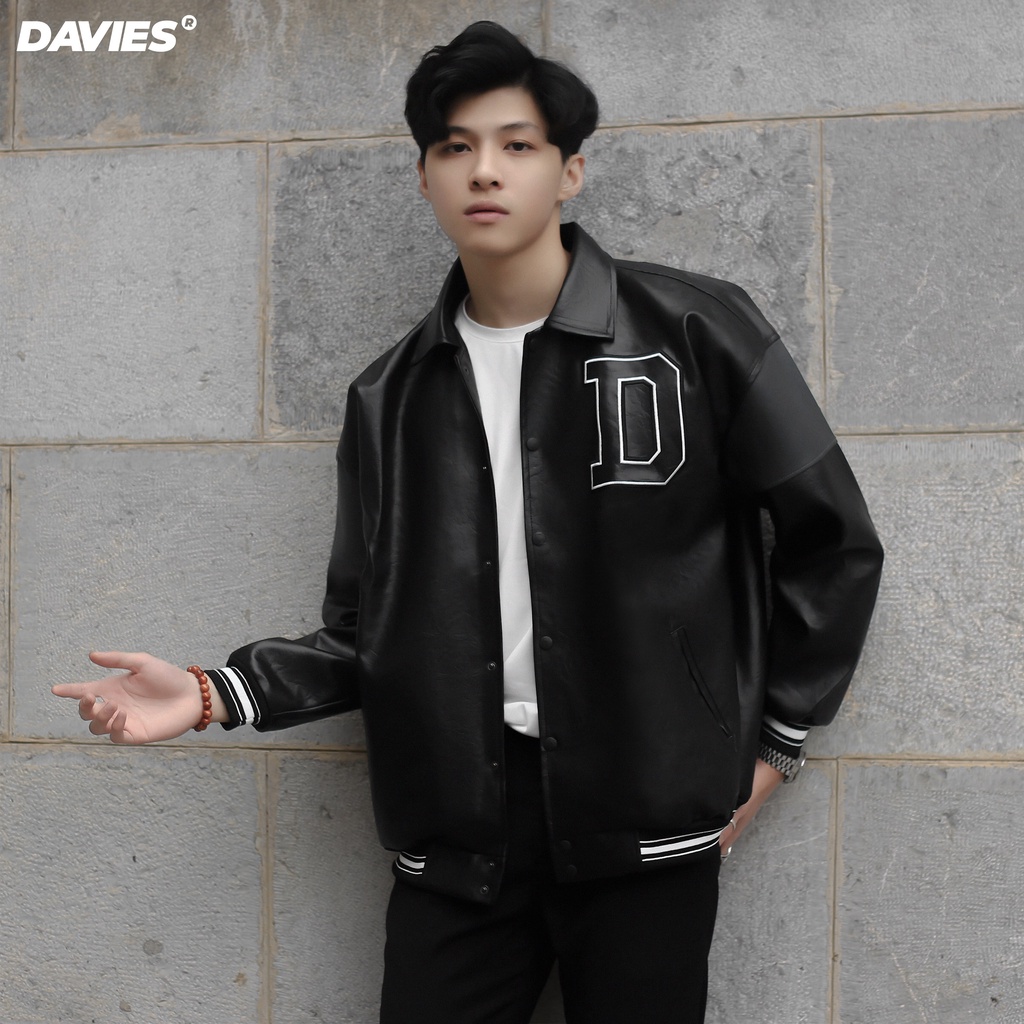 Áo khoác bóng chày da thêu logo Davies màu đen BMG Leather Varsity Jacket
