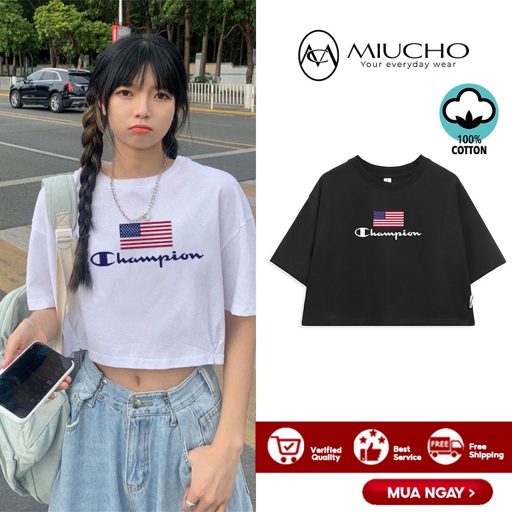 Áo croptop champion nữ tay ngắn cổ tròn vải thun cotton kiểu hàn quốc CR055 Miucho in chữ