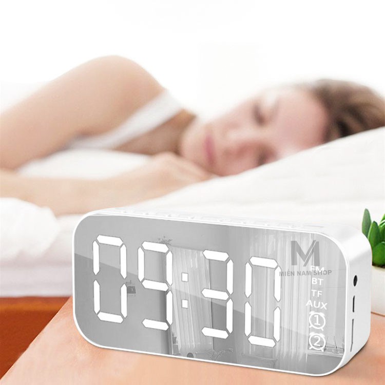 Loa Đồng Hồ MNS001 Mặt Gương Hiển Thị Đèn Led - Loa Bluetooth - Đài FM - Đồng Hồ Báo Thức 3 in 1