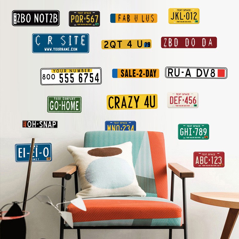 Decal dán trang trí tường 3D biển số xe phong cách hiện đại - decan trang trí cà phê, dán trà sữa, dán baber shop