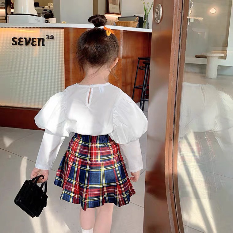 Đồng phục học sinh, set áo trắng tay bồng mềm mại phối chân váy kẻ to cho bé size 12-25kg