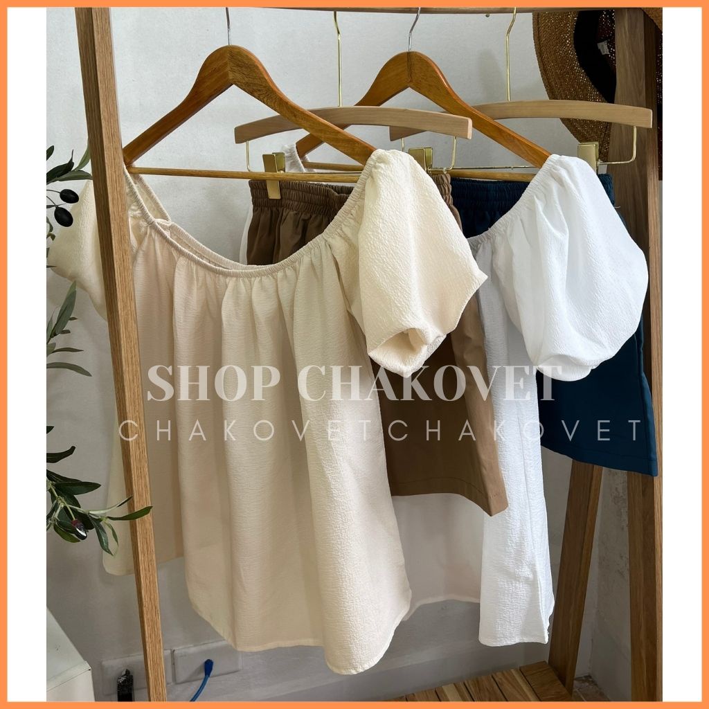 Set đồ nữ bộ mùa hè S8247 áo kiểu nữ trễ vai tay bồng babydoll kèm quần đùi bánh bèo sang chảnh freesize -CHAKOVET