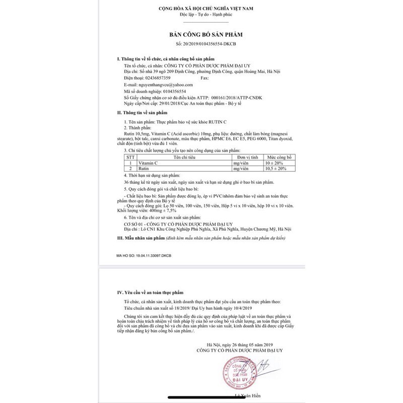 Rutin c hộp 10 vỉ * 10 viên - Đại Uy