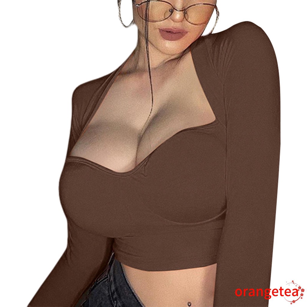 Áo Croptop Tay Dài Cổ Chữ V Màu Sắc Thanh Lịch