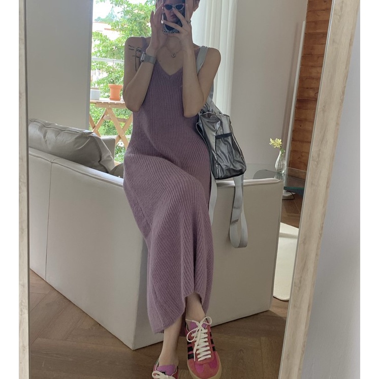 「ADELIA」Đầm Len 2 Dây DL5 Cổ V Dệt Kim Dày Dăn Dáng Dài Màu Tím Phong Cách Hồng Kông, Váy Len Hàn Dày
