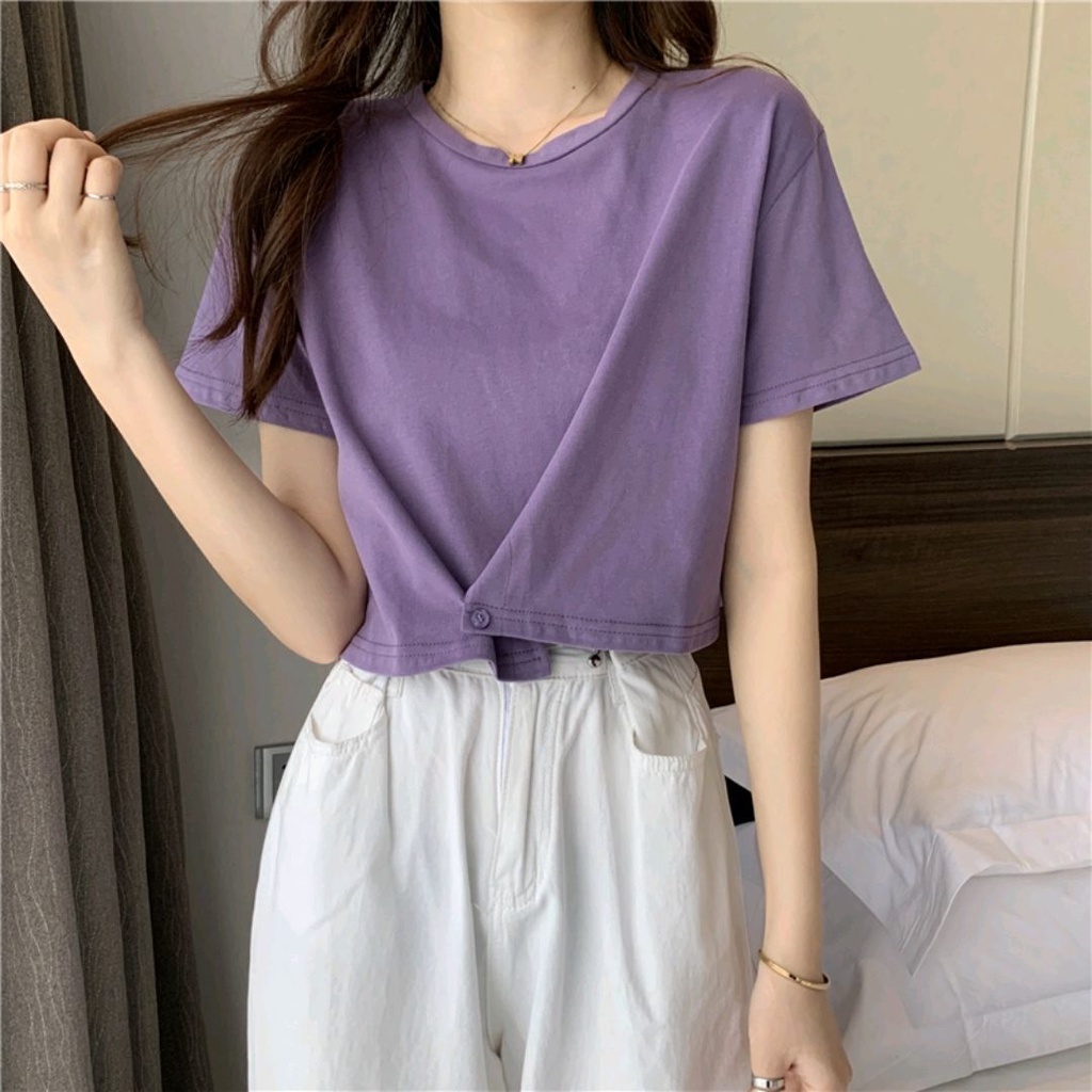 Áo Thun Croptop Tay Ngắn Đính Nút Phong Cách Hàn Quốc Thời Trang Mùa Hè 2024 4 Màu Lựa Chọn