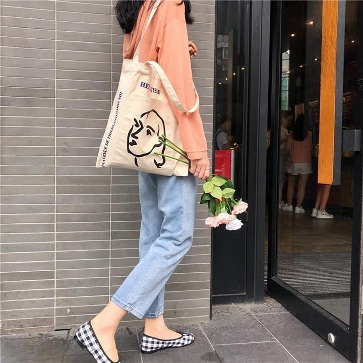 [ Mã 12FASHIONSALE1 giảm 10K đơn 50K ] Túi tote đeo vai đựng đồ vải canvas đi học đi làm có ngăn phụ ngoài siêu cá tính