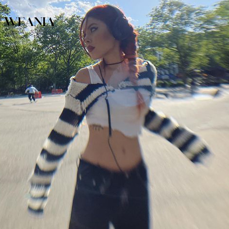 Áo Dệt Kim Dáng Ngắn Họa Tiết Kẻ Sọc Thời Trang Mùa Thu