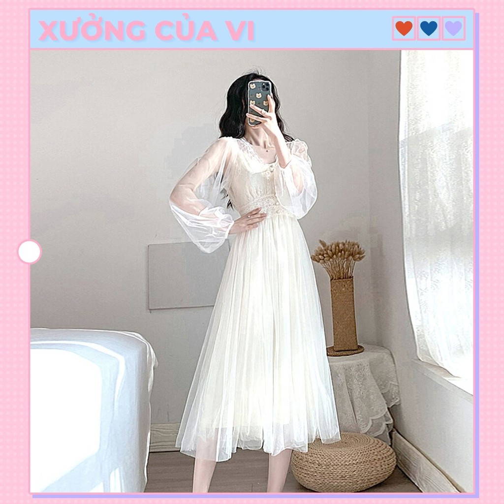 Váy trắng dài tay phồng công chúa bánh bèo siêu xinh vải voan lưới hai lớp DD010 Xưởng Của Vi