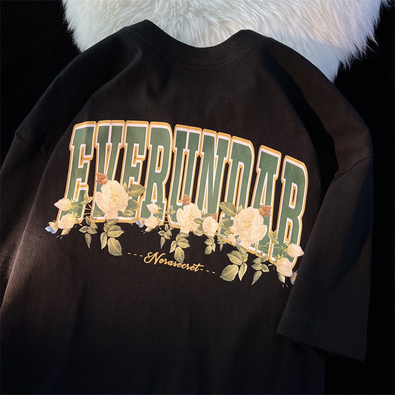 Áo Thun Tay Ngắn Dáng Rộng In Hình Hoa Hồng Vải Cotton Thời Trang Cho Cặp Đôi 100