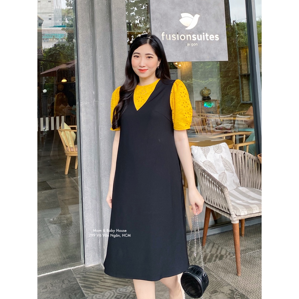 Đầm bầu đen suông tay ren thêu phồng