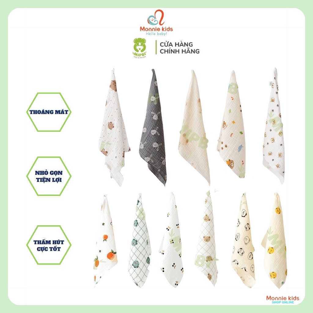 Set 6 khăn sữa xô nhăn cho bé Mipbi 30x30cm họa tiết cao cấp - Monnie Kids