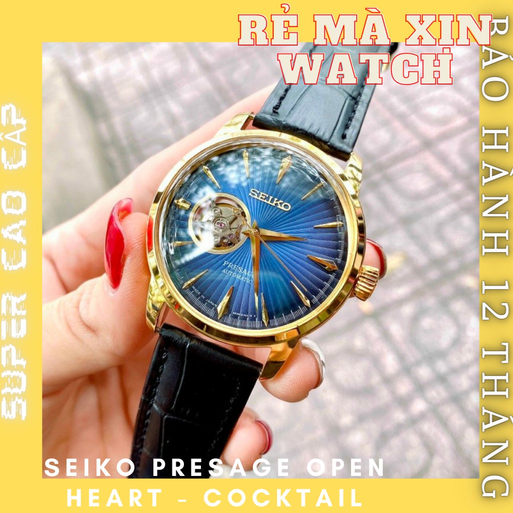 Đồng hồ nam seiko presage Open-Heart, Cocktail máy cơ dây da size 41mm