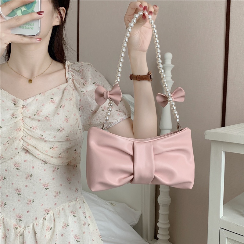 Túi đeo chéo IELGY hình nơ đính ngọc trai phối dây xích thời trang xinh xắn cho nữ