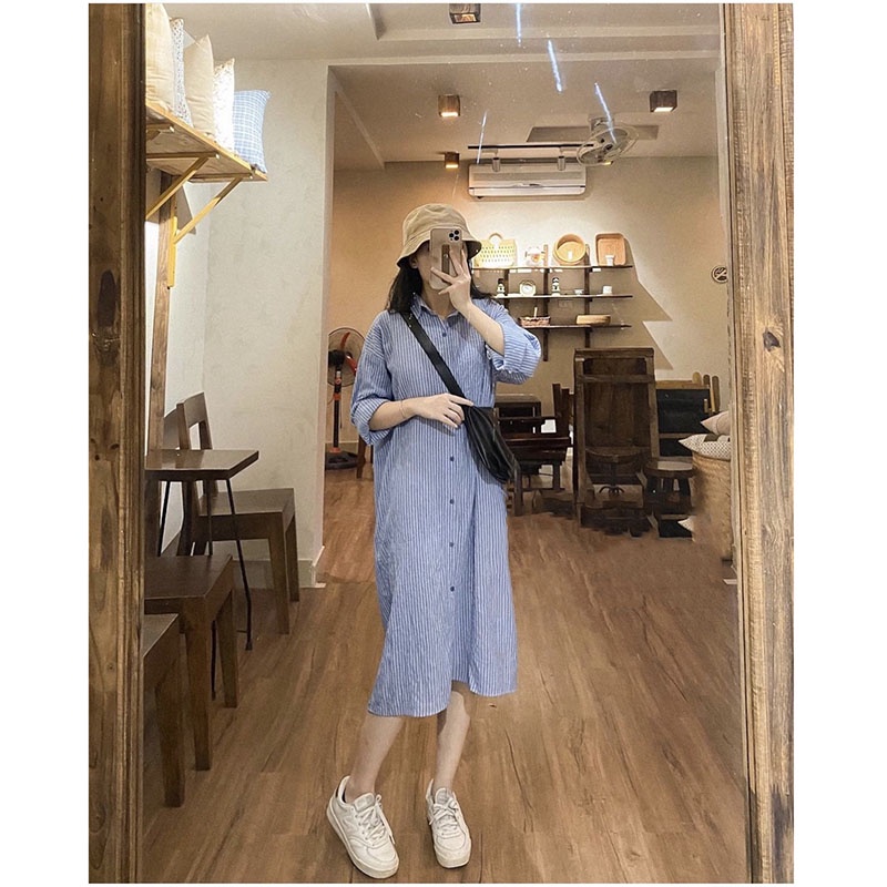 Váy Sơ Mi Kẻ Sọc Vải Thô Mềm Hàng Quảng Châu M5158- Lolla_Fashion