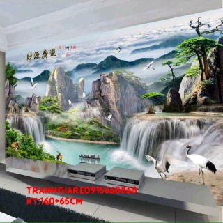 Tranh đính đá phong cảnh lưu thủy sinh tài tuyệt đẹp kt 160*65cm